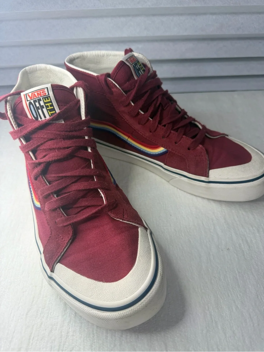 Vans SK8 Burgundy High-Top Sneakers with Rainbow Stripe M8/W9.5